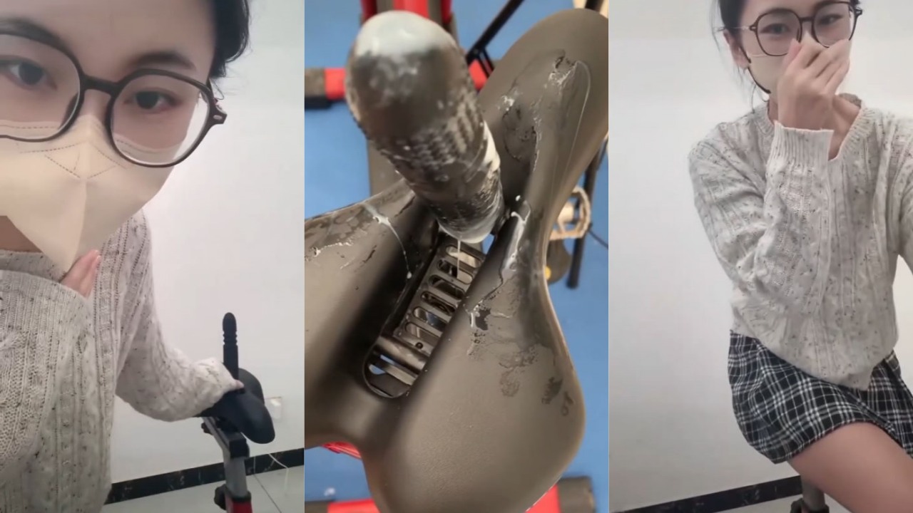 抖音带货主播为推销动感单车 在车座上插假屌坐上去立马直呼太爽 骑完后流出大量白浆