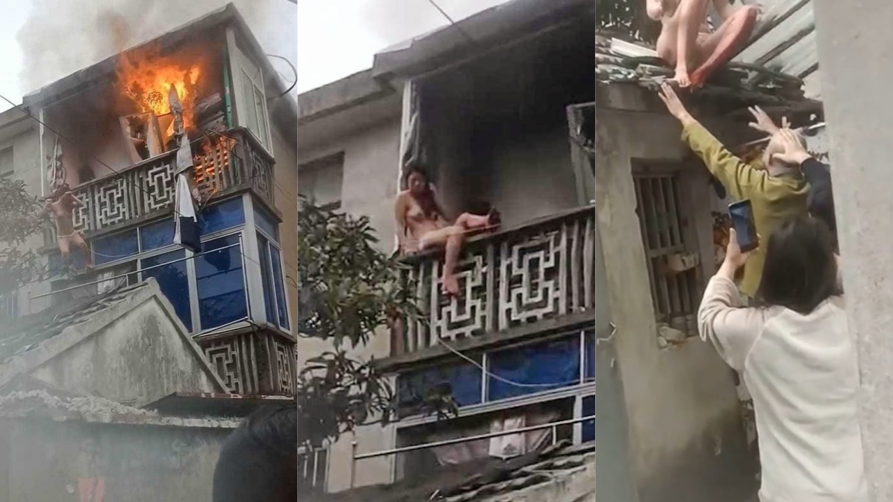 美女全裸逃生 广州城中村老式居民楼电线短路起火 正在洗澡的美少妇也顾不了那么多了逃命要紧