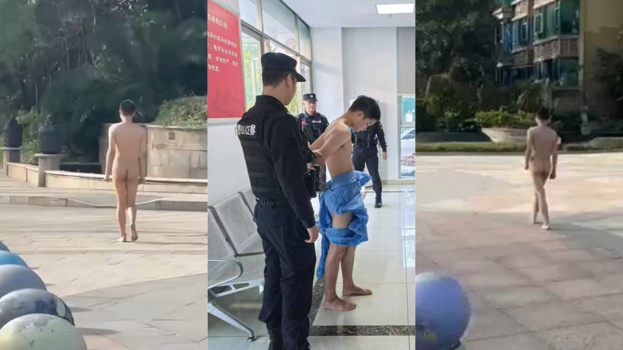 四川自贡市汇东新区 一男子不知受了什么刺激裸奔被按头 过马路还知道走斑马线